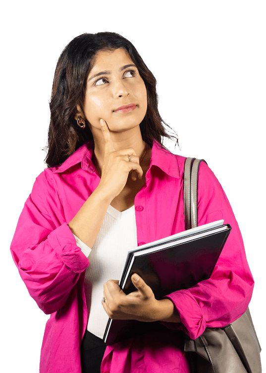 Student holding a notebook with a thoughtful expression